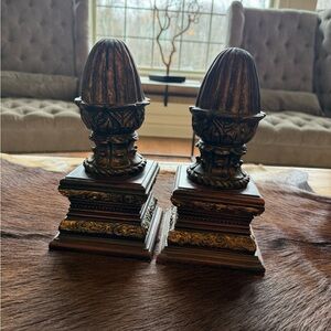 Brown Decorative Accents with Ribbed Design and Stepped Base